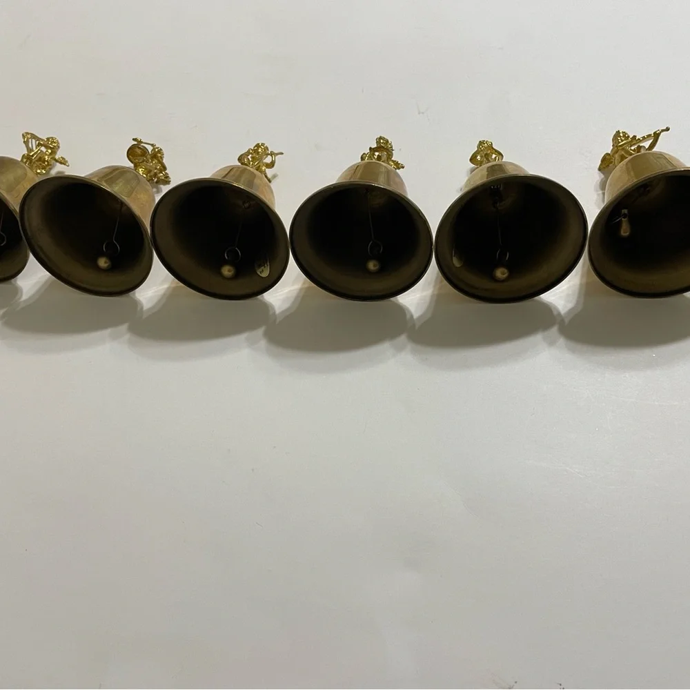 VINTAGE set/6 brass hand bells cherub/angel musical instrument figure handles